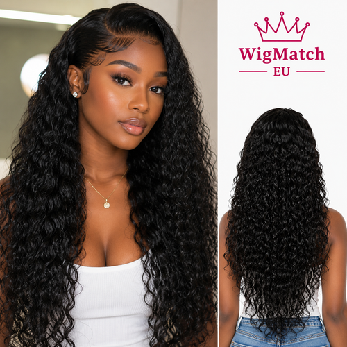 Black woman model wearing a 13x4 Deep Wave Lace Front Human Hair Wig in Natural Black, featuring front and back views to showcase the deep wave texture, natural hairline, full length, and realistic lace finish by WigMatch EU.