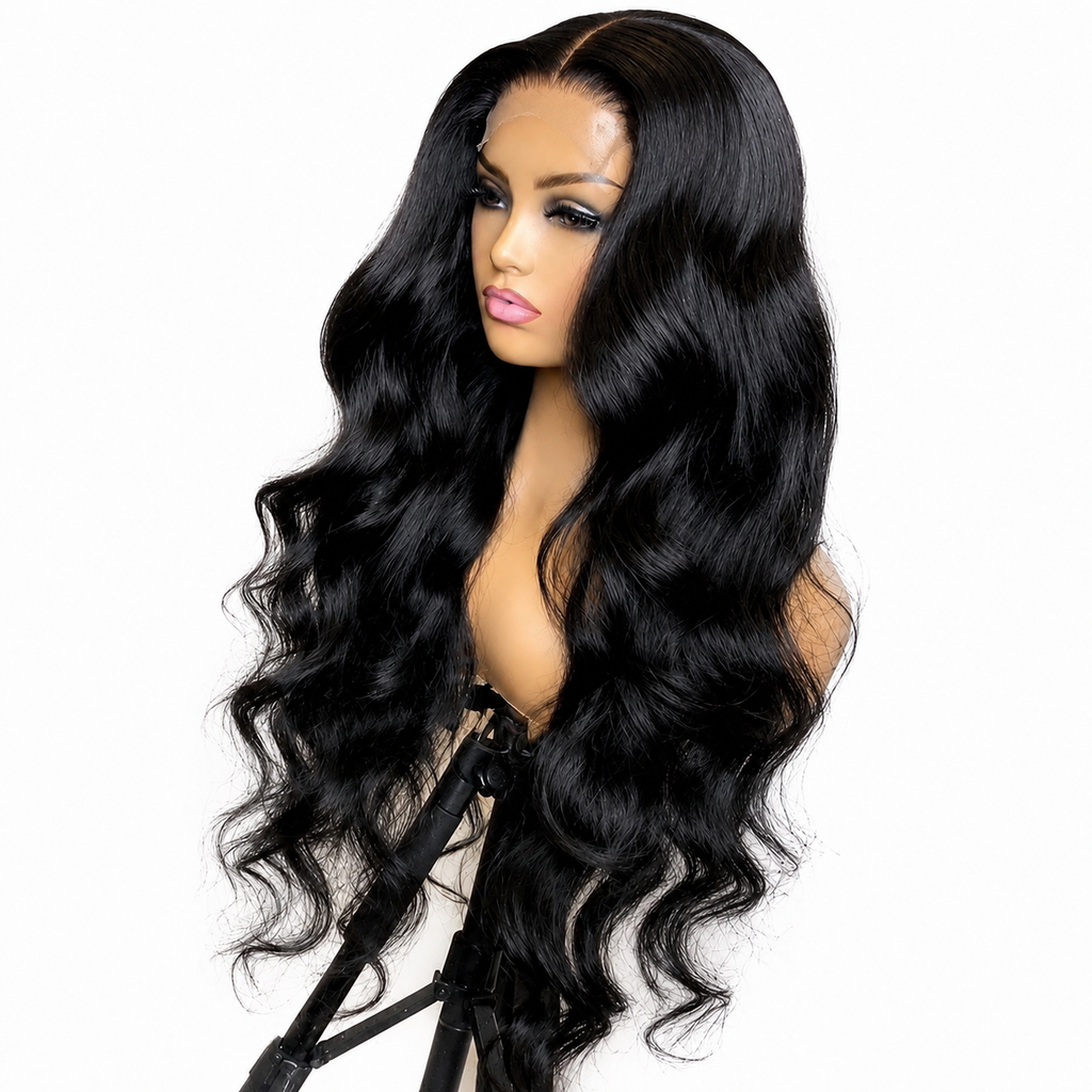 Natural Black 13x4 Body Wave Lace Front Human Hair Wig displayed on a mannequin stand with a realistic lace front and middle part. Long soft body wave texture showcased on a clean white background for WigMatch EU.