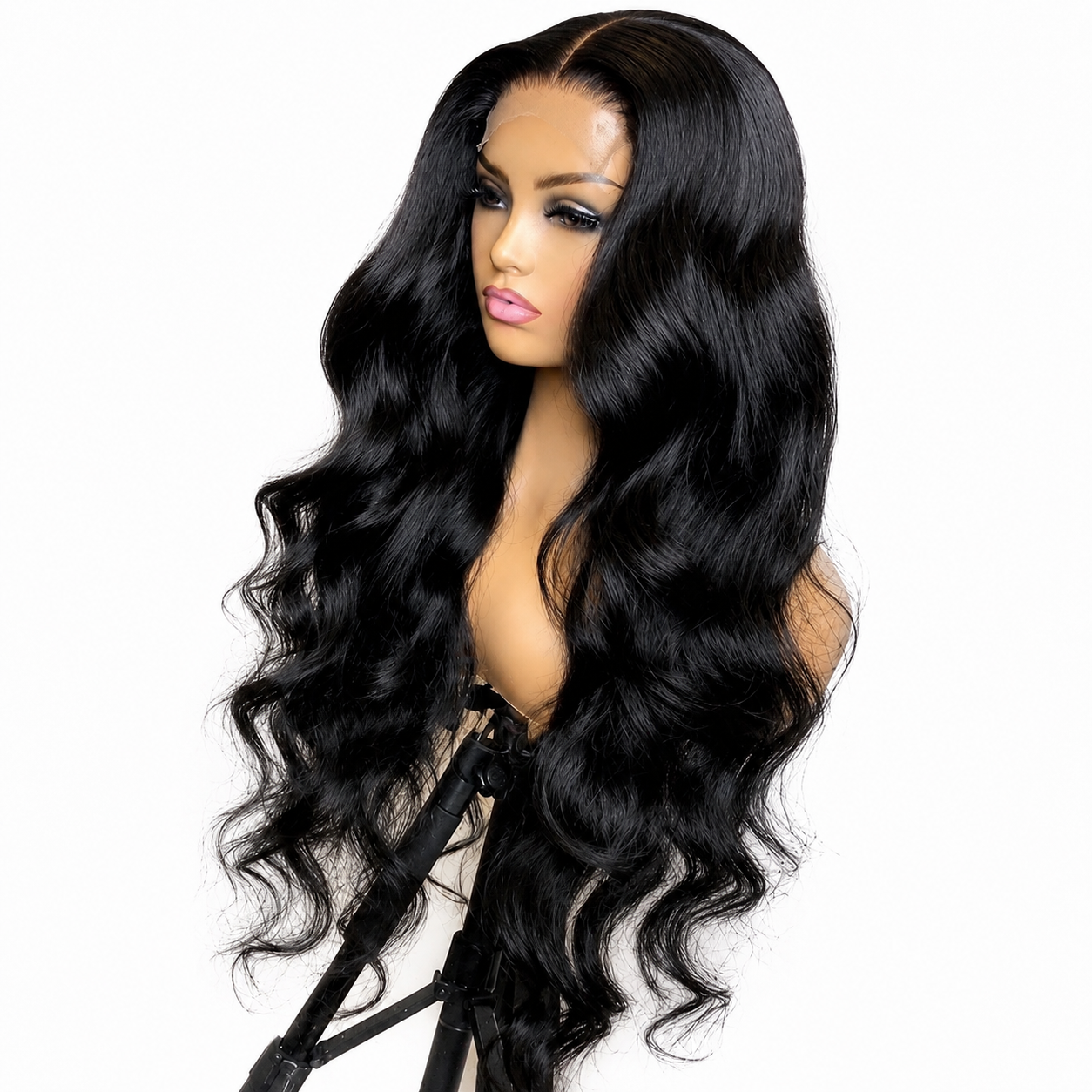 Natural Black 13x4 Body Wave Lace Front Human Hair Wig displayed on a mannequin stand with a realistic lace front and middle part. Long soft body wave texture showcased on a clean white background for WigMatch EU.