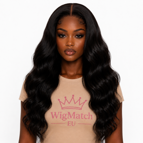 Natural Black 13x4 Body Wave Lace Front Human Hair Wig front view on a dark chocolate model wearing a beige WigMatch EU t-shirt. Soft body wave texture with a natural hairline and realistic middle part, wigmatch EU
