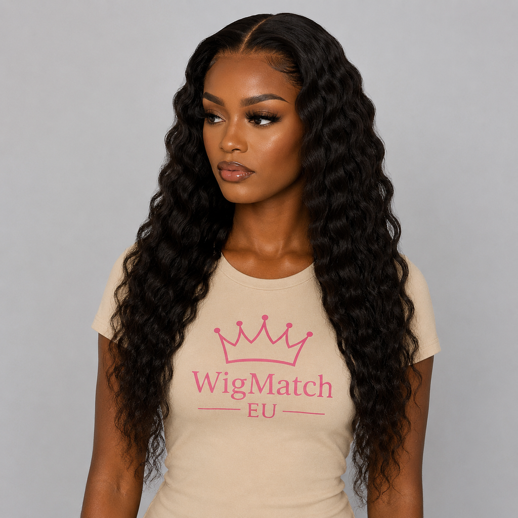 Front view of a 13x4 Deep Wave Lace Human Hair Wig on a dark chocolate skin model wearing a beige WigMatch EU t-shirt. Natural deep wave texture with a middle part, realistic hairline, HD lace finish, and soft gray studio background.