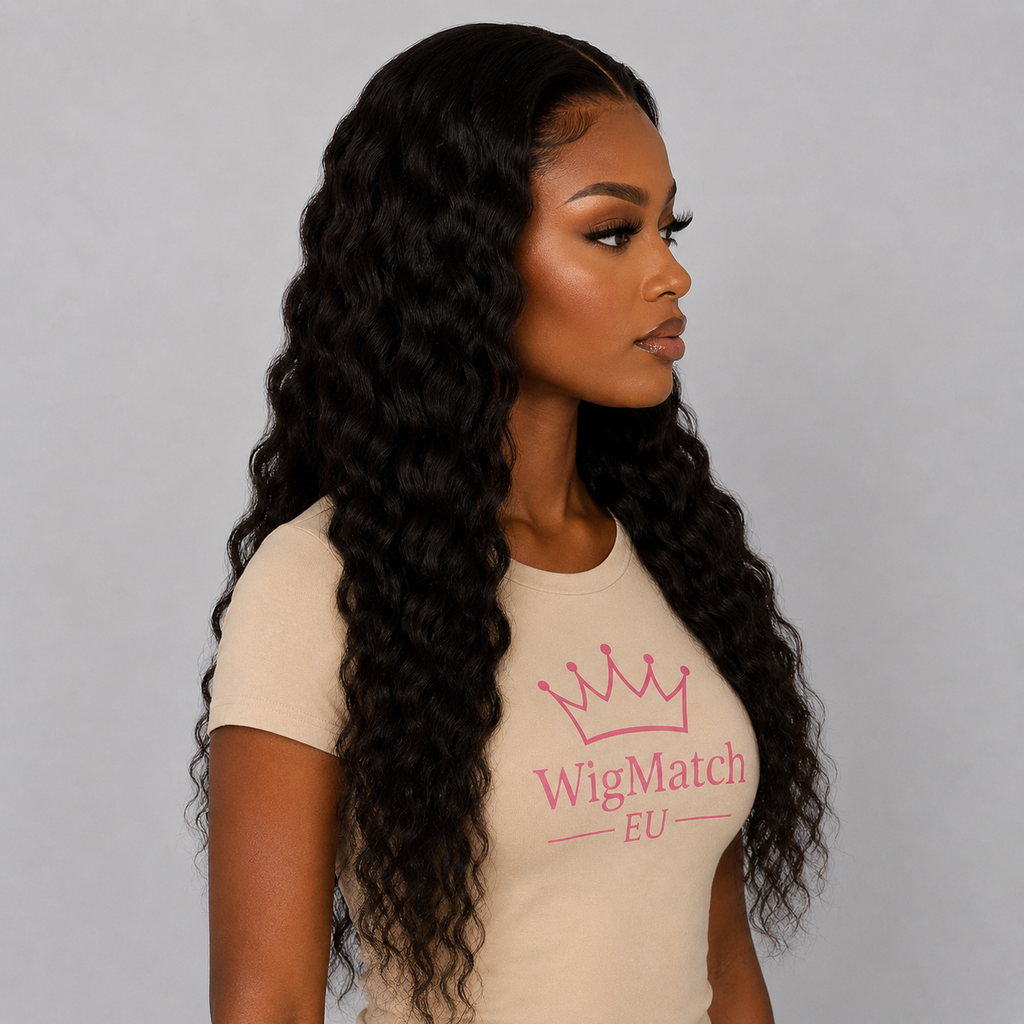 Right side profile of a 13x4 Deep Wave Lace Human Hair Wig on a dark chocolate skin model wearing a beige WigMatch EU t-shirt. Showcases the deep wave texture, natural density, realistic hairline, and overall wig length against a soft gray background.