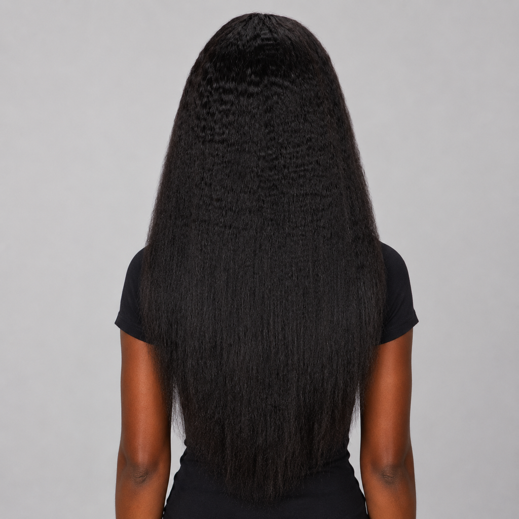 Back view of a 13x4 Kinky Straight Lace Frontal Human Hair Wig on a dark chocolate skin tone model, displaying the full density, long kinky straight texture, and natural finish. WigMatch EU – Free Shipping Across Europe.