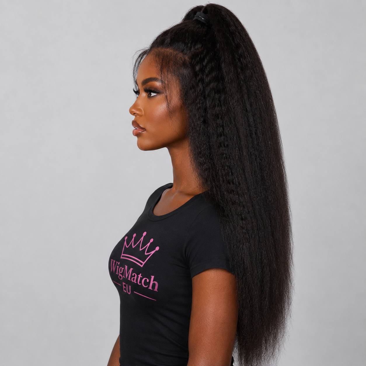 Left side view of a 13x4 Kinky Straight Lace Frontal Human Hair Wig on a dark chocolate skin tone model, highlighting the realistic density, sleek length, and natural movement. WigMatch EU – Free Shipping Across Europe.