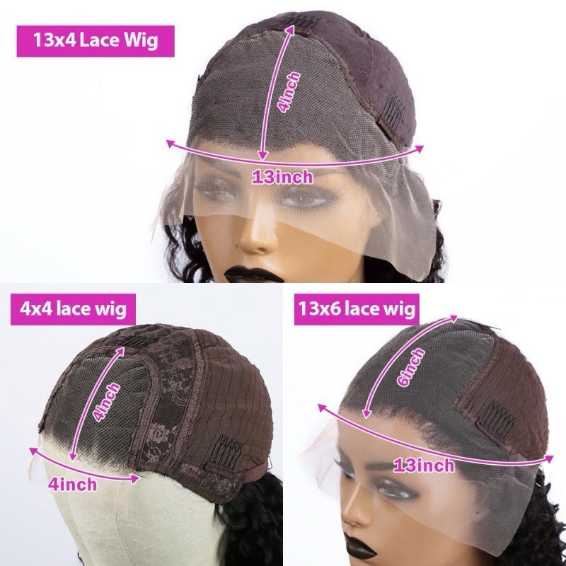 Comparison of 13x4, 13x6 and 4x4 lace wig constructions showing lace coverage and parting space by WigMatch with online shipping across the European Union.
