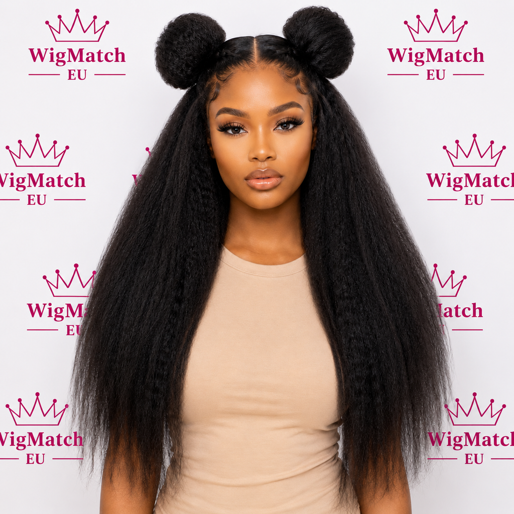 Front view of a model wearing the WigMatch EU 13x6 Kinky Straight Lace Front Human Hair Wig in Natural Black, featuring a natural-looking 13x6 lace front, full kinky straight texture, defined center part, and realistic baby hairs against a branded white background.