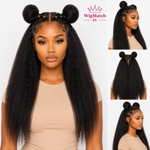 Collage showcasing the WigMatch EU 13x6 Kinky Straight Lace Front Human Hair Wig in Natural Black, featuring the front view, side profile, and branded presentation to highlight the natural 13x6 lace hairline, realistic baby hairs, full density, and versatile styling options on a white background.