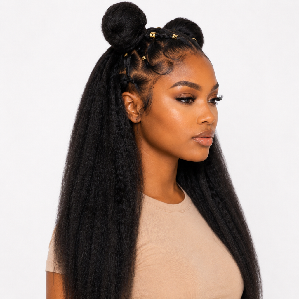 Three-quarter view of the WigMatch EU 13x6 Kinky Straight Lace Front Human Hair Wig in Natural Black, highlighting the realistic hairline, full density, soft kinky straight texture, and versatile styling on a model against a white background.
