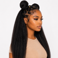 Three-quarter view of the WigMatch EU 13x6 Kinky Straight Lace Front Human Hair Wig in Natural Black, highlighting the realistic hairline, full density, soft kinky straight texture, and versatile styling on a model against a white background.