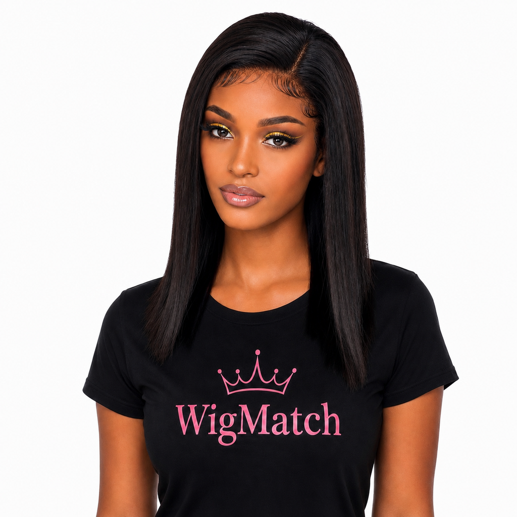 Angled front view of a woman wearing the 250 Density 13x4 Lace Front Bob Wig Human Hair in Natural Black with a pre-plucked hairline, highlighting the natural density and sleek straight style | WigMatch EU