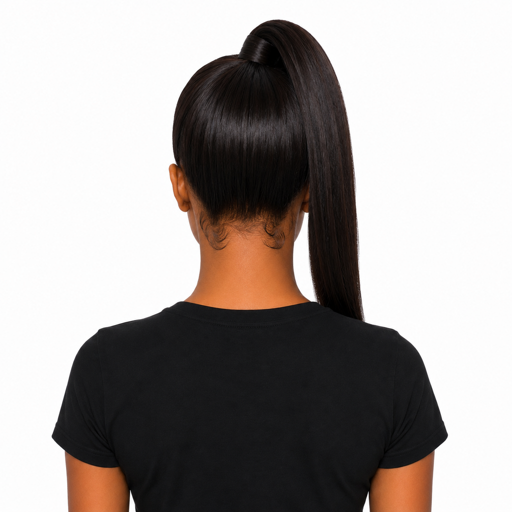 Back view of a woman wearing the 250 Density 13x4 Lace Front Bob Wig Human Hair in Natural Black styled in a sleek ponytail, showcasing the smooth finish and natural nape with baby hairs | WigMatch EU