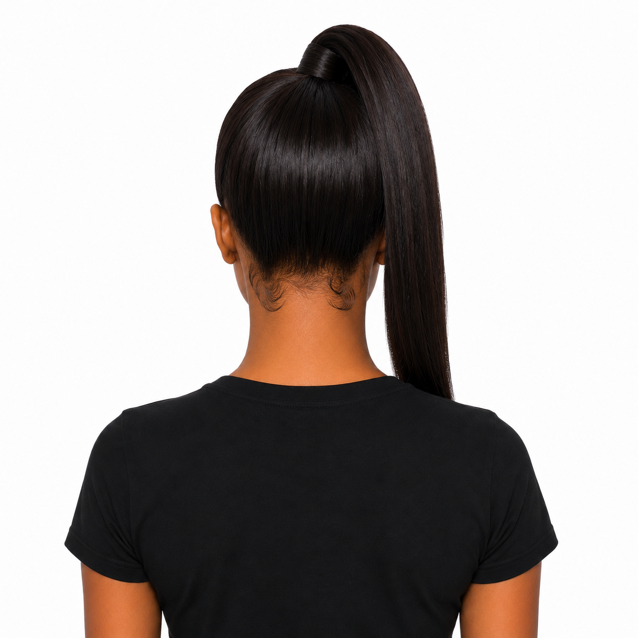 Back view of a woman wearing the 250 Density 13x4 Lace Front Bob Wig Human Hair in Natural Black styled in a sleek ponytail, showcasing the smooth finish and natural nape with baby hairs | WigMatch EU