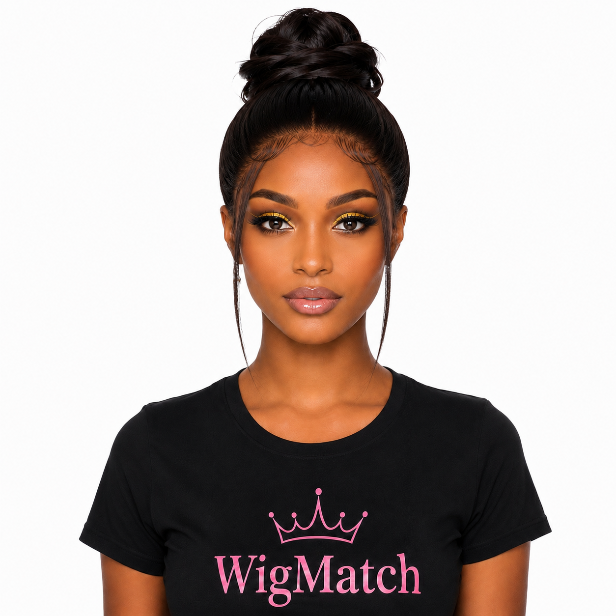Front view of a woman wearing the 250 Density 13x4 Lace Front Bob Wig Human Hair in Natural Black with a pre-plucked hairline, showcasing a realistic hairline and natural straight finish | WigMatch EU