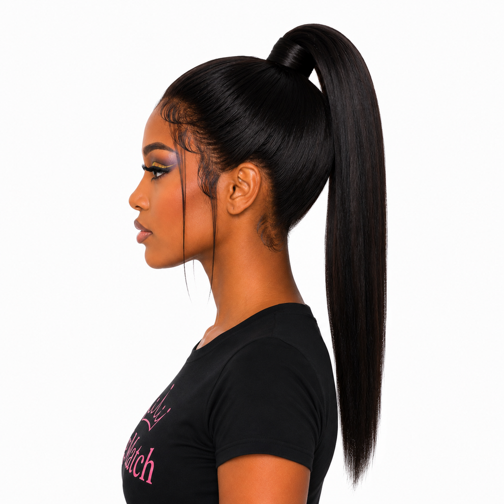Left side profile of a woman wearing the 250 Density 13x4 Lace Front Bob Wig Human Hair in Natural Black styled in a sleek ponytail, showcasing the pre-plucked hairline, baby hairs, and natural side profile | WigMatch EU