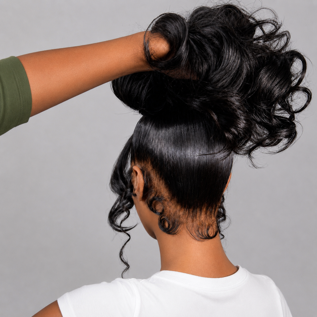 Back view of a dark-skinned model lifting a 360 Full Lace Wavy Human Hair Wig to showcase the smooth texture, natural movement, and full coverage.