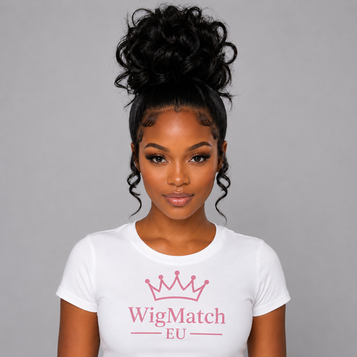 Front view of a beautiful dark-skinned model wearing a 360 Full Lace Wavy Human Hair Wig with soft body waves, a natural hairline, and a realistic scalp appearance.