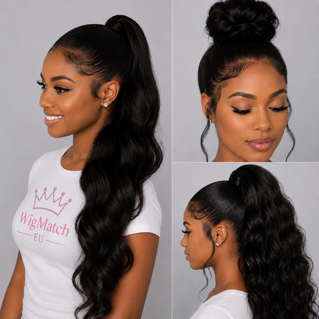 Dark-skinned model showcasing a 360 Full Lace Wavy Human Hair Wig styled in a high ponytail, elegant top bun, and sleek side ponytail, highlighting versatile styling options and a natural hairline.