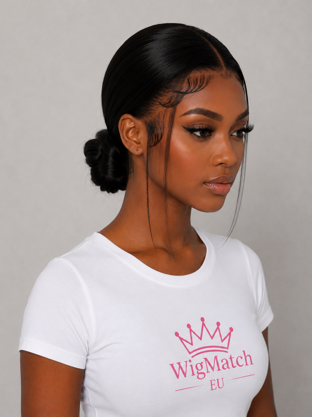 Back view of a female model wearing the 360 Lace Straight Bob Human Hair Wig in Natural Black, styled in a sleek low ponytail with natural nape baby hair, showcasing the realistic 360 lace finish by WigMatch EU.