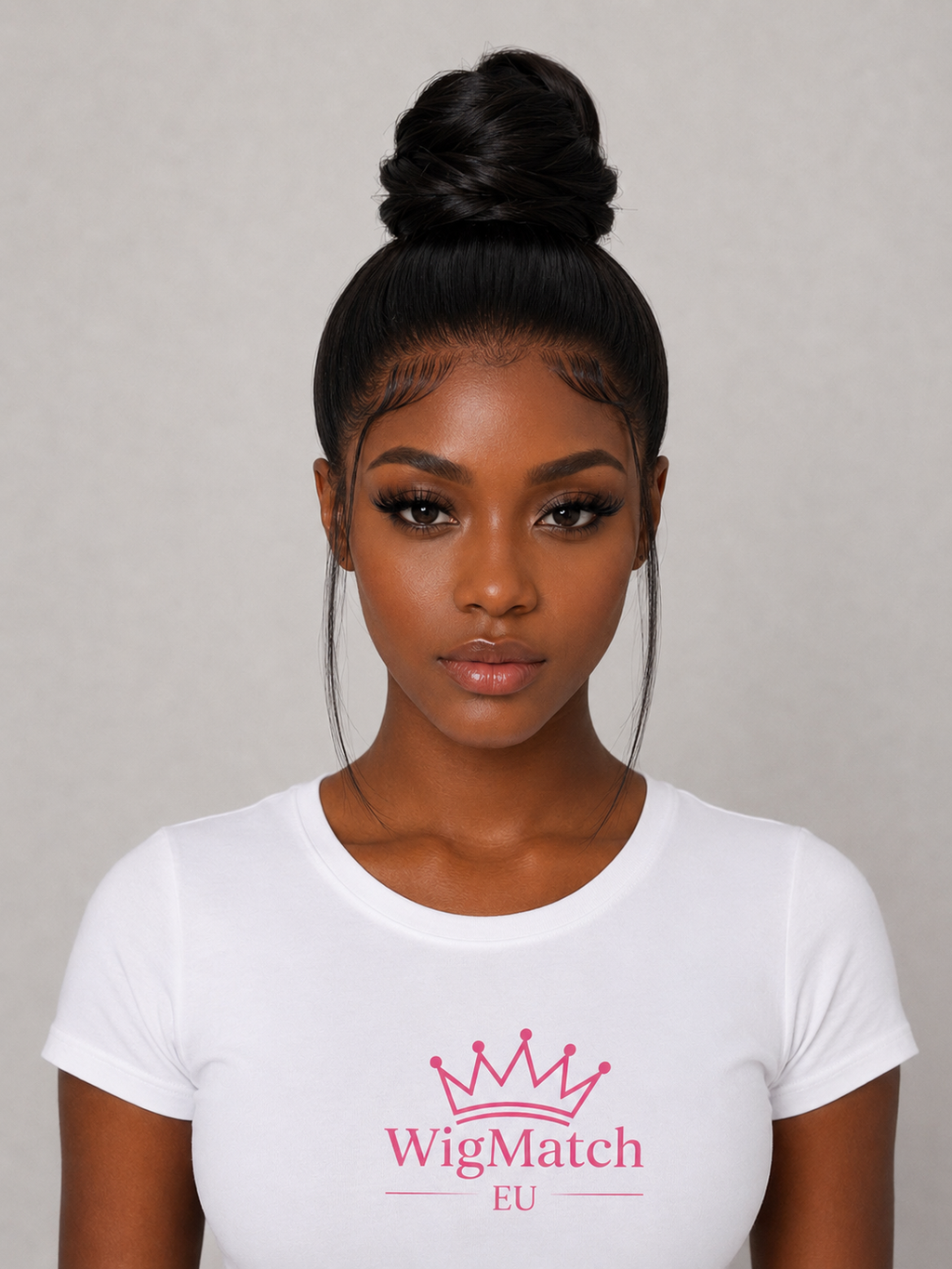 Front view of a female model wearing the 360 Lace Straight Bob Human Hair Wig in Natural Black, styled in a high bun with natural baby hair and face-framing strands, showcasing a realistic pre-plucked hairline by WigMatch EU.