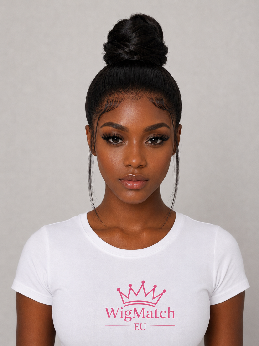 Front view of a female model wearing the 360 Lace Straight Bob Human Hair Wig in Natural Black, styled in a high bun with natural baby hair and face-framing strands, showcasing a realistic pre-plucked hairline by WigMatch EU.
