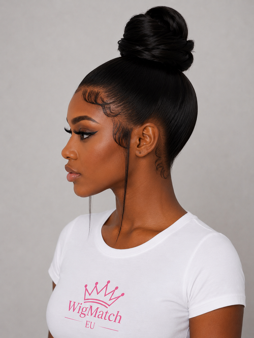 Left side view of a female model wearing the 360 Lace Straight Bob Human Hair Wig in Natural Black, styled in a high bun with defined baby hair and face-framing strands, highlighting the natural hairline by WigMatch EU.