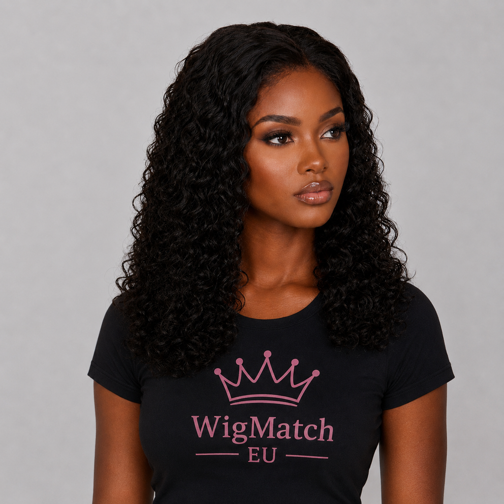 4x4 Curly Lace Closure Human Hair Wig front view featuring defined curly texture, natural hairline, and a realistic finish on a dark-skinned model WigMatch EU 