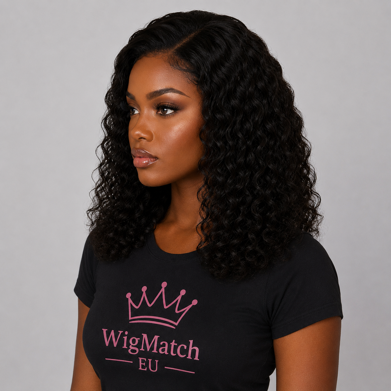Right side view of a 4x4 Curly Lace Closure Human Hair Wig showcasing soft, bouncy curls, natural volume, and realistic density on a dark-skinned model ,WigMatch EU 