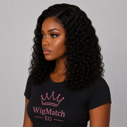 Right side view of a 4x4 Curly Lace Closure Human Hair Wig showcasing soft, bouncy curls, natural volume, and realistic density on a dark-skinned model ,WigMatch EU 