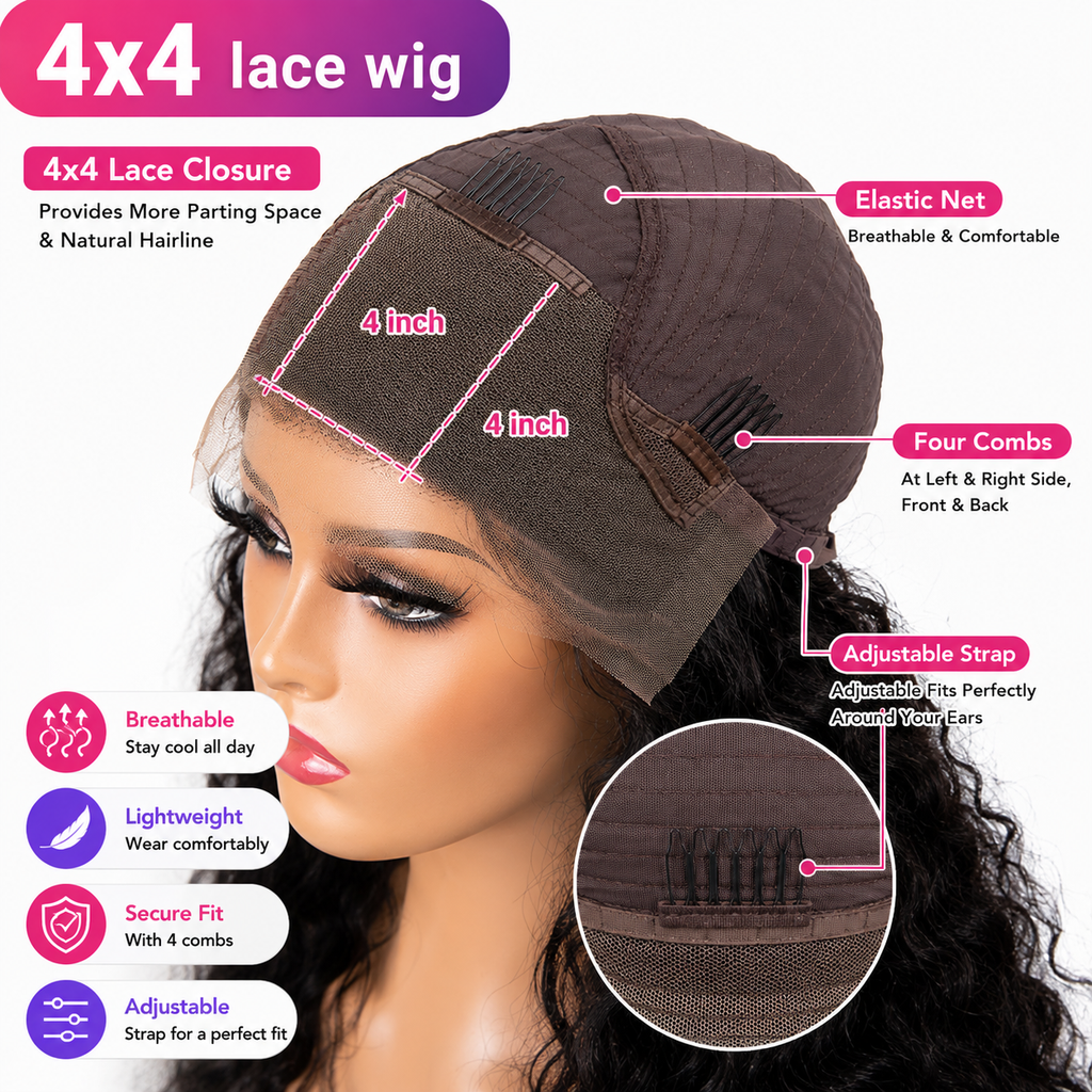 4x4 Lace Closure Wig cap construction diagram showing a 4x4 lace closure, breathable elastic net, four secure combs, adjustable strap, and lightweight cap design for a comfortable, natural-looking fit.
