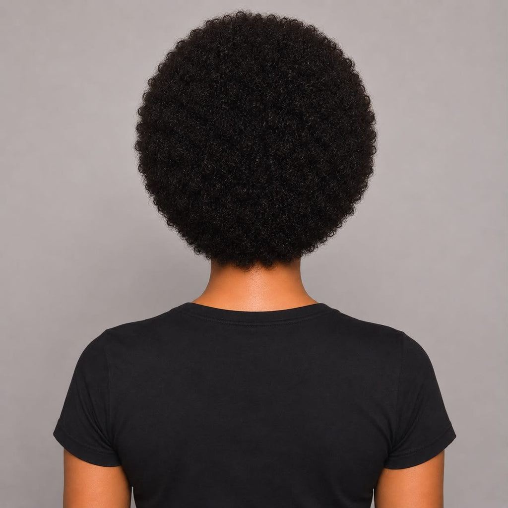 Woman showcasing the back view of the WigMatch Afro Kinky Curly Human Hair Wig with soft natural curls, shop online with fast free shipping across the European Union.