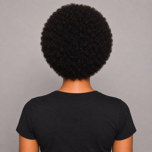 Woman showcasing the back view of the WigMatch Afro Kinky Curly Human Hair Wig with soft natural curls, shop online with fast free shipping across the European Union.