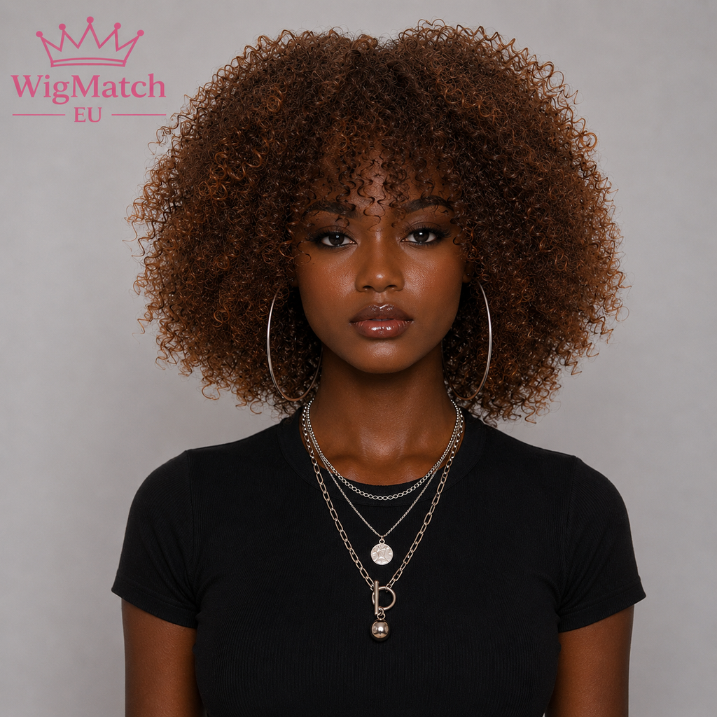 woman wearing a brown afro kinky curly human hair wig, facing forward with dark chocolate skin, a black top, and a light gray studio background Wigmatch EU.