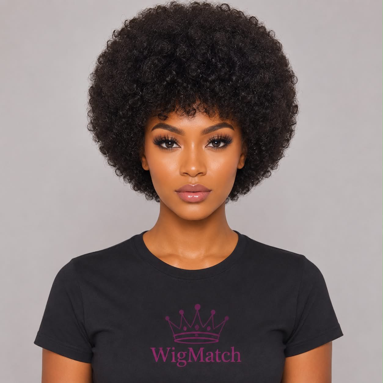 Beautiful woman featuring the WigMatch Afro Kinky Curly Human Hair Wig in a front view with natural-looking curls, available at the WigMatch online store with fast free shipping across the European Union.