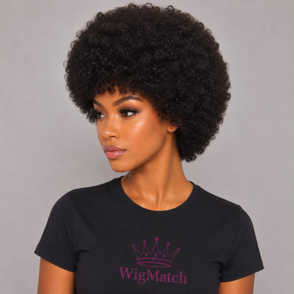 Elegant woman wearing the WigMatch Afro Kinky Curly Human Hair Wig in a left side profile, available at the WigMatch online store with fast free shipping across the European Union.