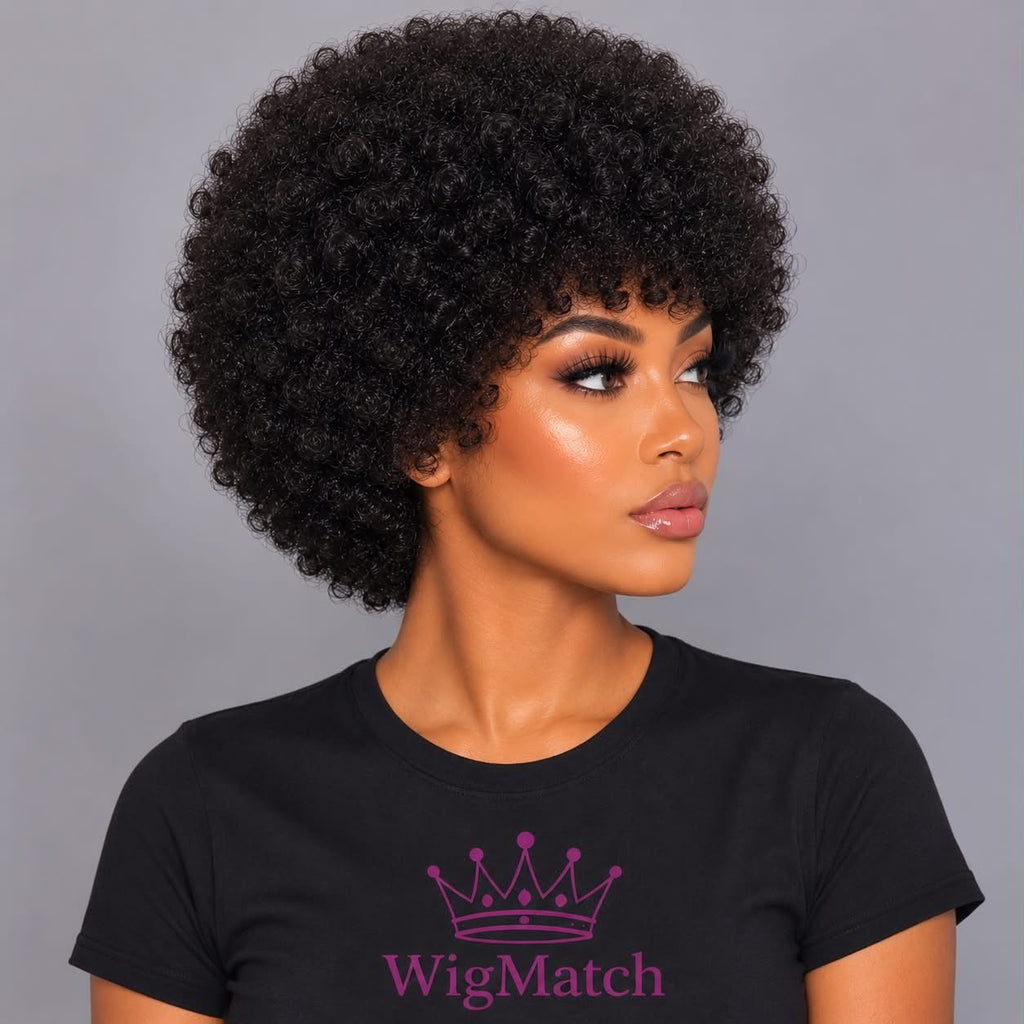 Model featuring the WigMatch Afro Kinky Curly Human Hair Wig in a right side view, available online with fast free shipping across the European Union.