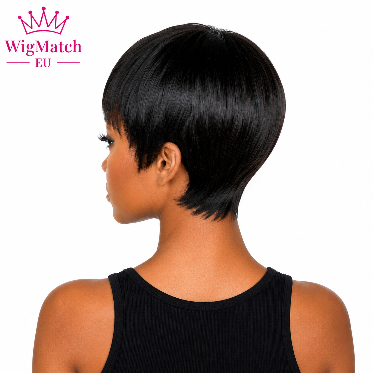 Beautiful woman wearing a short pixie cut human hair wig, back view showing the natural layered cut. WigMatch EU online store with free shipping and fast 1–3 day delivery across Europe.
