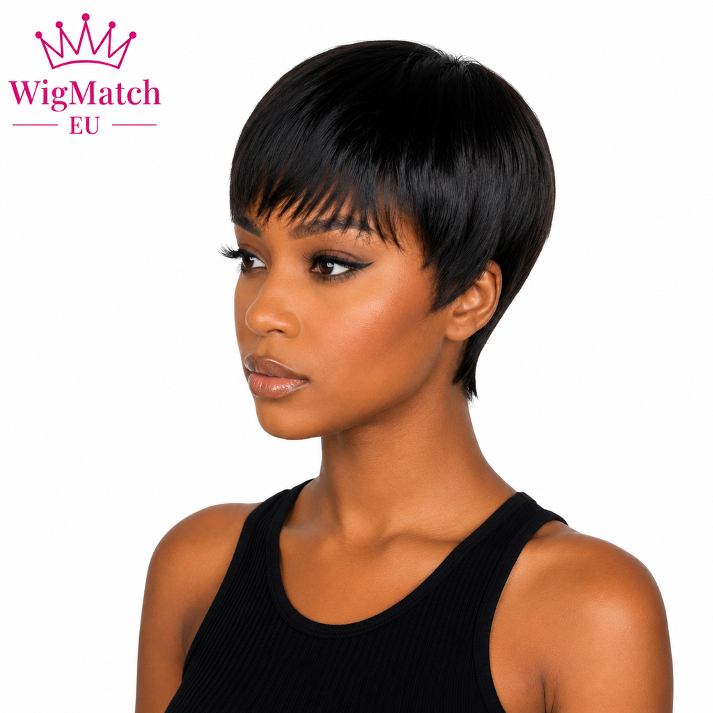 Beautiful woman wearing a short pixie cut human hair wig, right side view. WigMatch EU online store with free shipping and fast 1–3 day delivery across Europe.