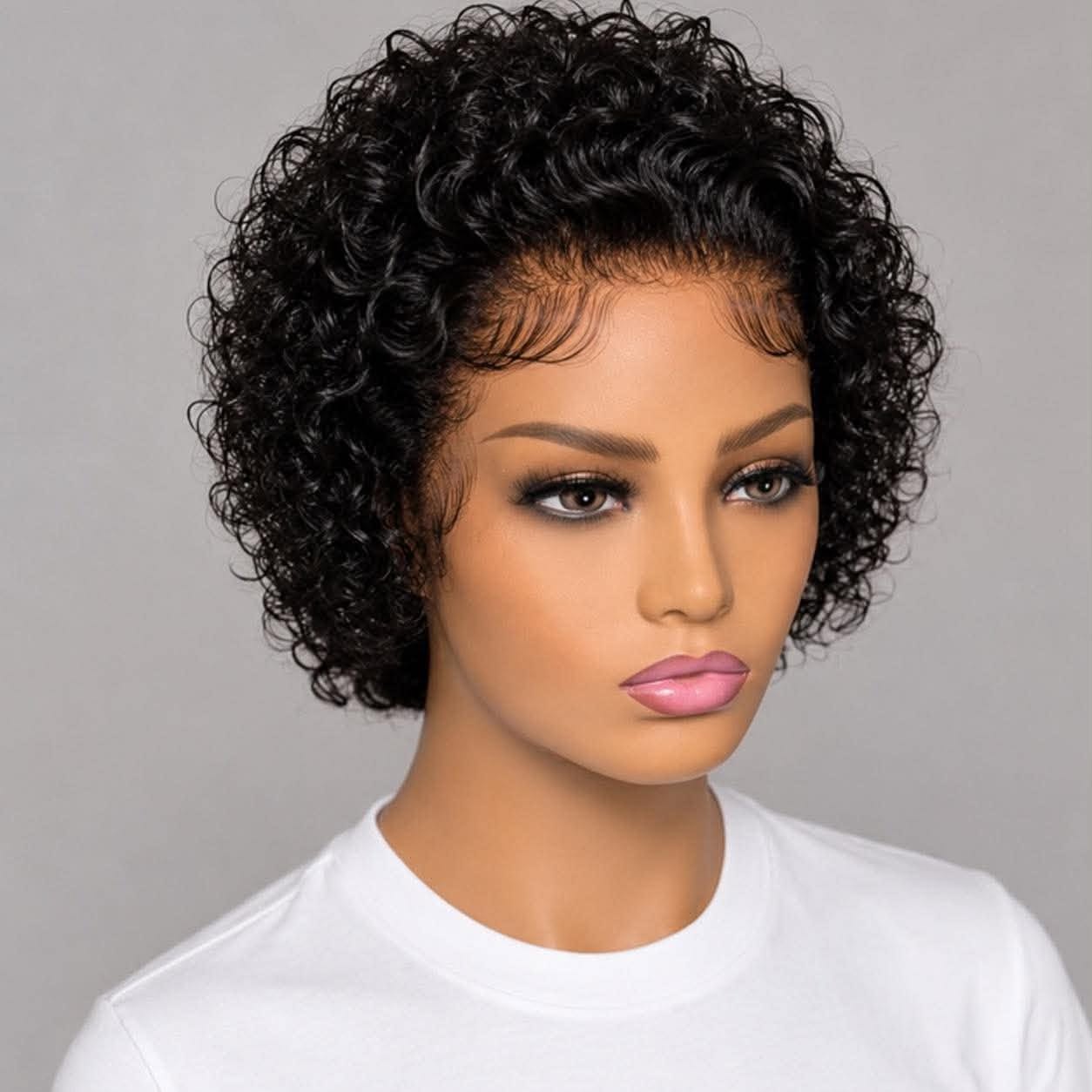 
Front view of a black pixie cut human hair lace wig with natural baby hairs and realistic HD lace hairline, showcased by an AI model. Shop online at WigMatch EU with free EU shipping.
