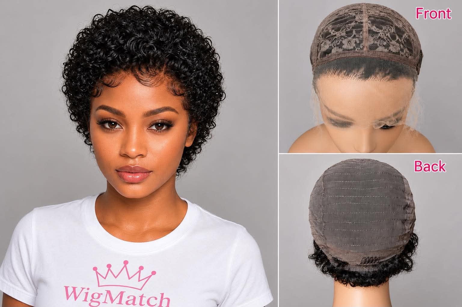 Black pixie cut human hair lace wig showing front model view, lace cap construction, and back cap details. Premium HD lace wig available online at WigMatch EU with free shipping across the European Union.
