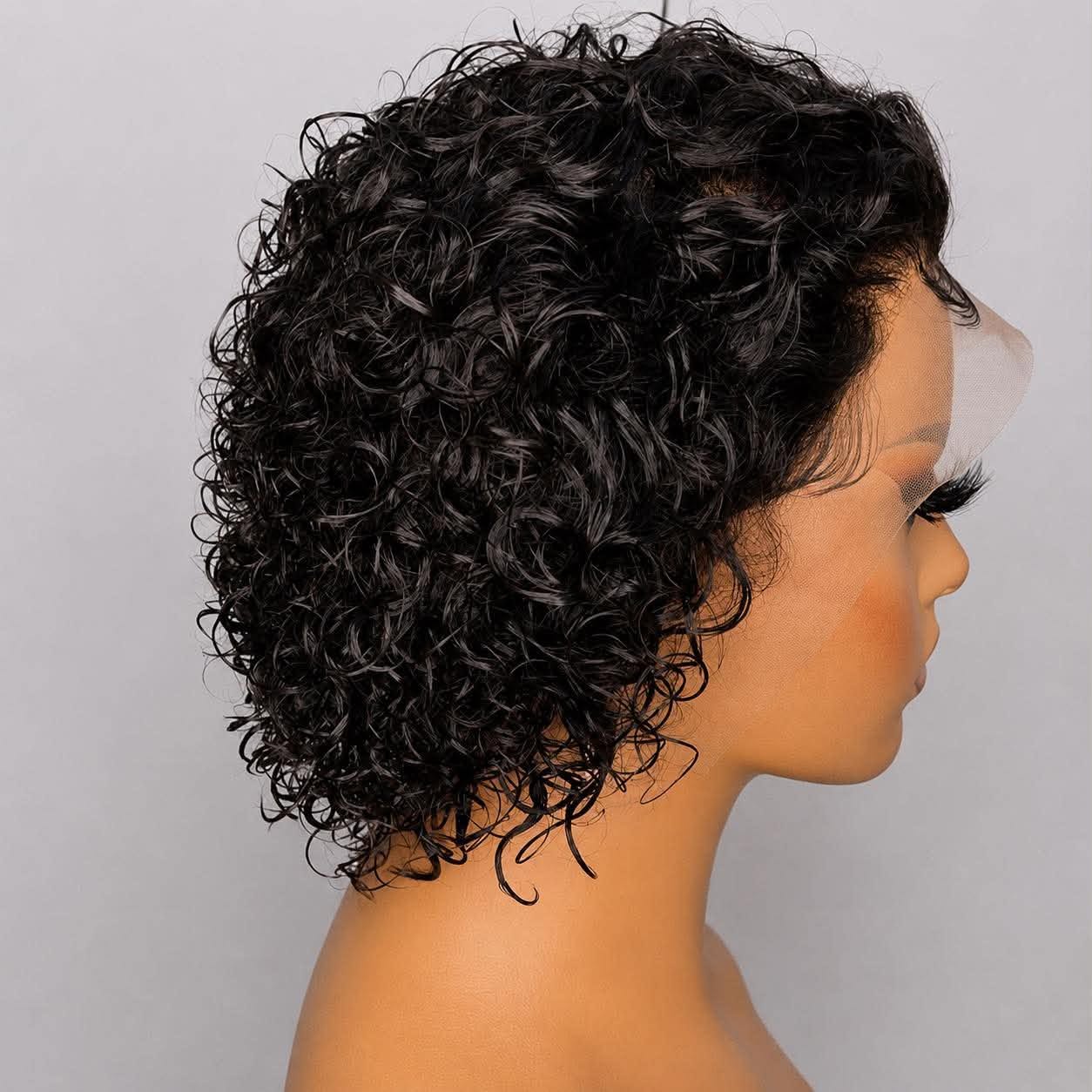 Side view of a black pixie cut human hair lace wig featuring defined curls, natural hairline, and HD lace on a mannequin. Available online at WigMatch EU with free shipping across the European Union.

