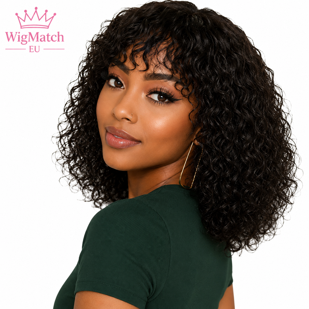 Black woman looking back over her shoulder showcasing the Curly Bob Human Hair Wig with Bangs by WigMatch EU, featuring soft defined curls, natural volume, and a realistic everyday look.