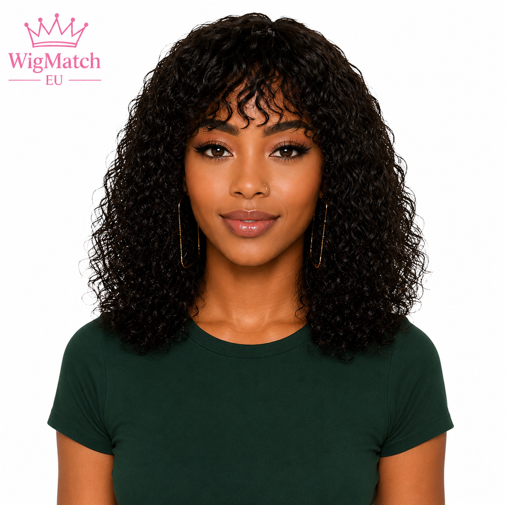 Black woman facing forward showcasing the Curly Bob Human Hair Wig with Bangs by WigMatch EU, featuring soft defined curls, natural volume, realistic bangs, and a natural finish