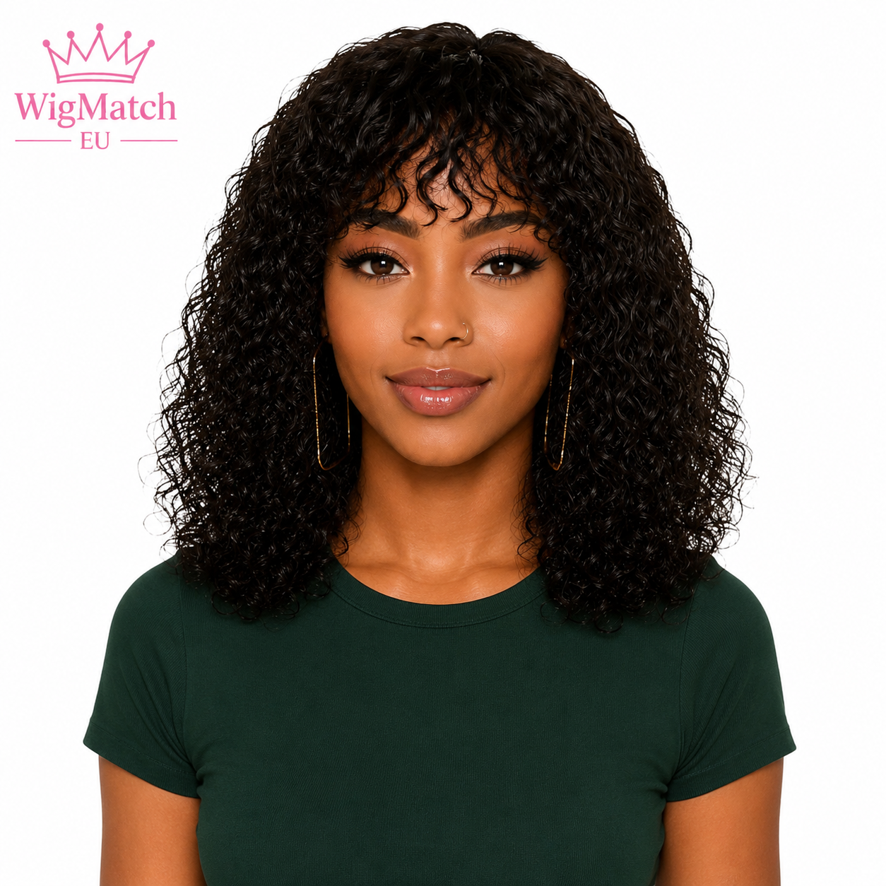 Black woman facing forward showcasing the Curly Bob Human Hair Wig with Bangs by WigMatch EU, featuring soft defined curls, natural volume, realistic bangs, and a natural finish