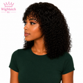 Black woman in left side profile showcasing the Curly Bob Human Hair Wig with Bangs by WigMatch EU, highlighting the defined curls, natural movement, realistic bangs, and full hairstyle.