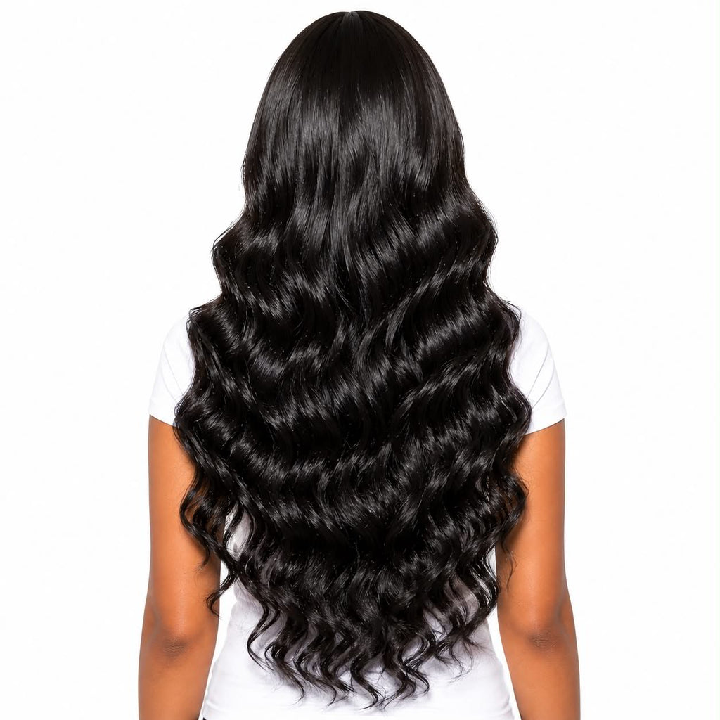 Back view of WigMatch Body Wave HD Lace Front Human Hair Wig in Natural Black showcasing soft waves, full density, and a natural finish with fast and free EU shipping.