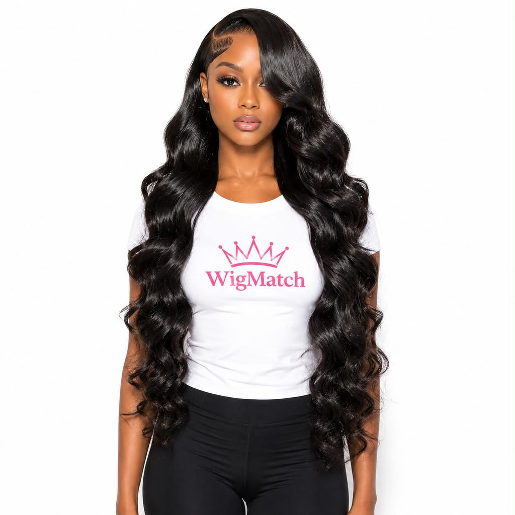 Front view of WigMatch Body Wave HD Lace Front Human Hair Wig in Natural Black with HD lace, natural hairline, glossy finish, and fast free shipping across the EU.