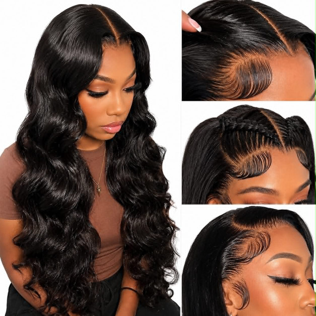 Close-up details of the WigMatch Body Wave HD Lace Front Human Hair Wig showing the natural pre-plucked hairline, baby hairs, HD lace, and premium craftsmanship with fast free EU shipping.