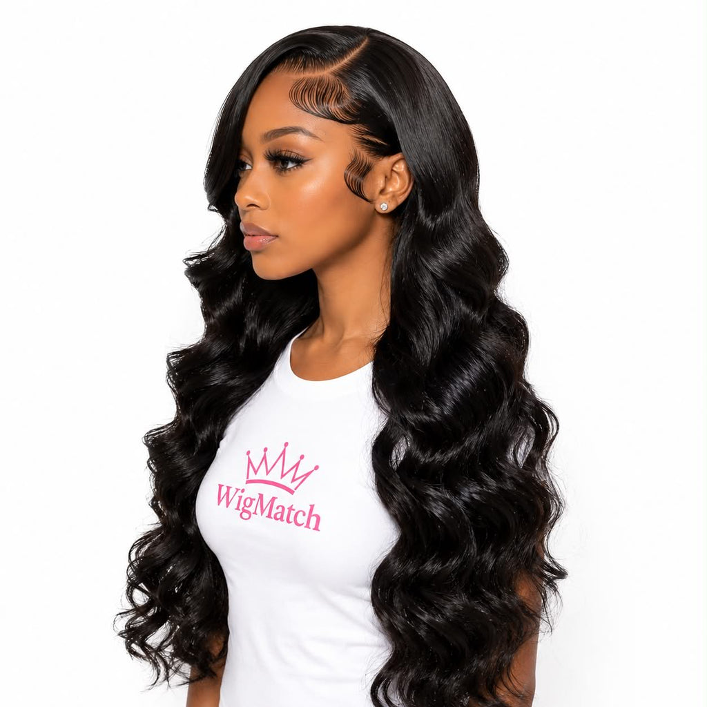 Left side view of WigMatch Body Wave HD Lace Front Human Hair Wig featuring a natural hairline, HD lace, soft body waves, and fast free shipping across the European Union.