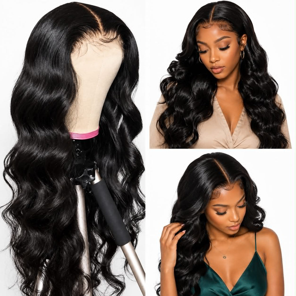 Body Wave HD Lace Human Hair Wig displayed on a mannequin with close-up lace details and styled model photos showcasing the natural hairline and soft body waves by WigMatch.