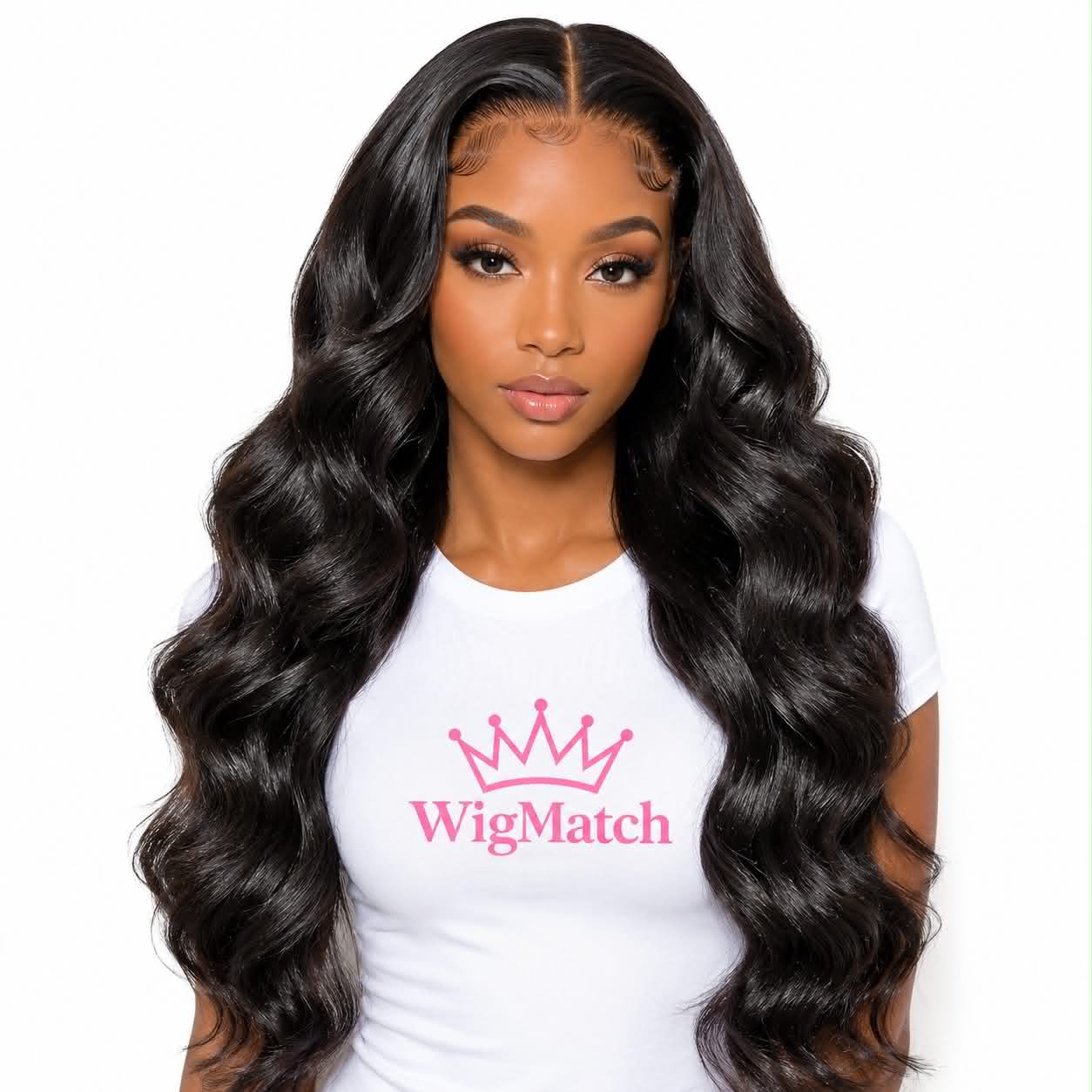 Front view of a Body Wave HD Lace Human Hair Wig with a natural hairline, soft body waves, and glueless styling by WigMatch.